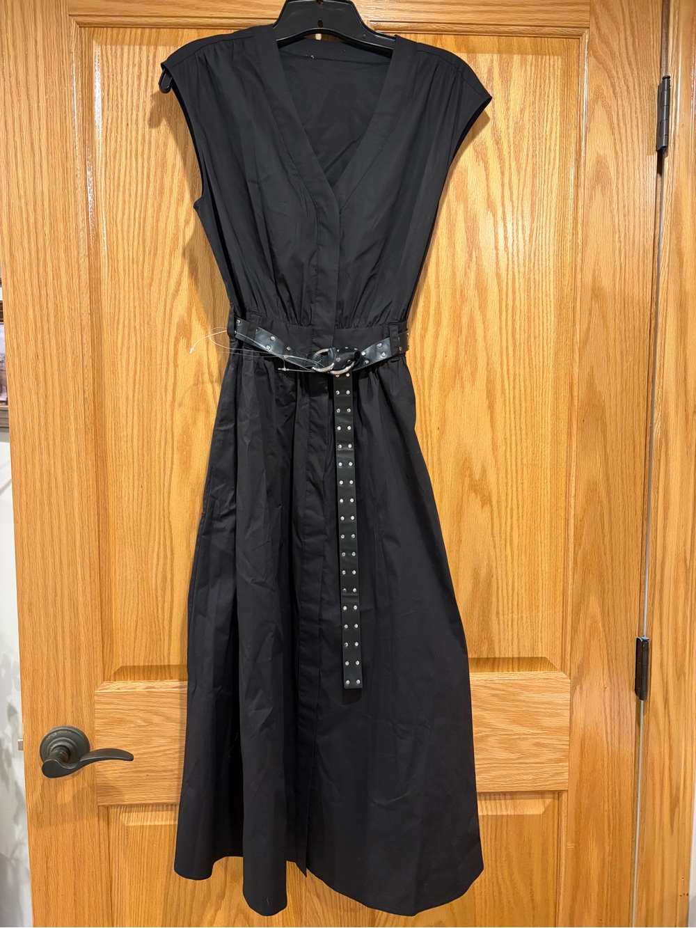 NEW Michael Kors XS black cotton summer midi dress studded belt button front